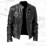 Men's Fitted Vegan Leather Long-Sleeve Biker Coat - Mens Clothing, Woven Stylish Stand Collar Glossy Top, Streetwear Clothing, Plain Casual Spring Daily Apparel, Vegan Leather Men's Lightweight Jacket, Father's Day Gift
