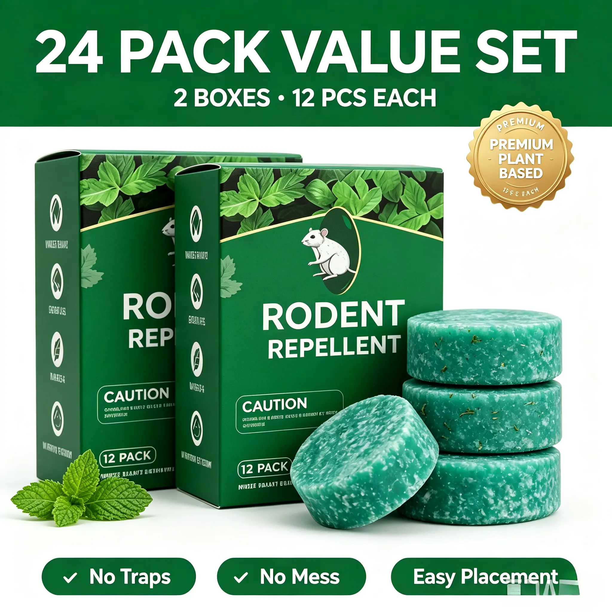 24-Pack Solid Peppermint Mouse Rat Repellent Blocks (2 Boxes of 12 Each) - Humane Trapping-Free, Kid & Pet Safe, Long-Lasting Rodent Repellent Products, for Garage, Basement, Indoor/Outdoor Daily Use