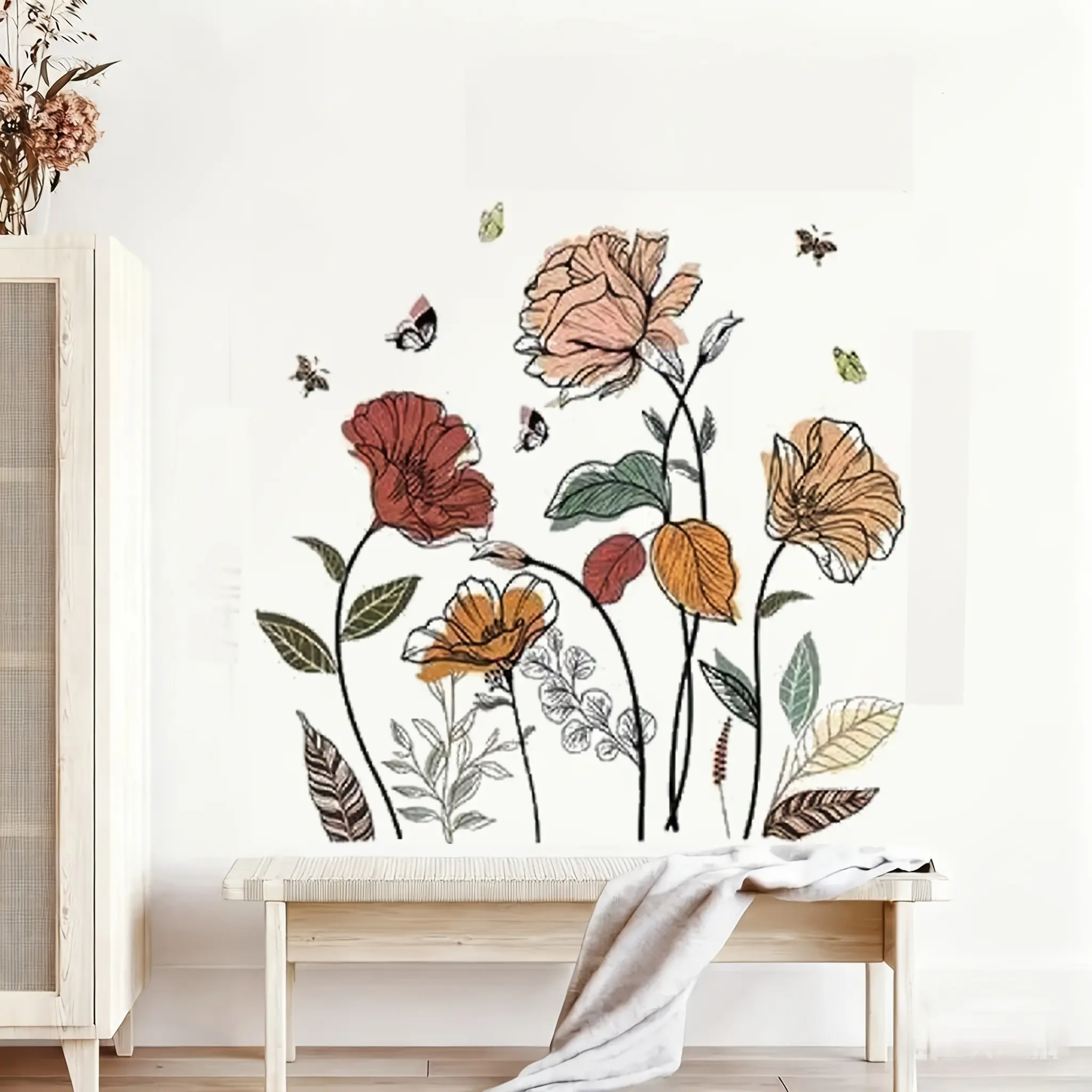 Bohemian Floral Wall Stickers, Wildflower Artistic Wall Art Decor, Vinyl Peel-And-Stick Decals, Flower Decals For Walls, Durable Home Decoration for Living Room Bedroom