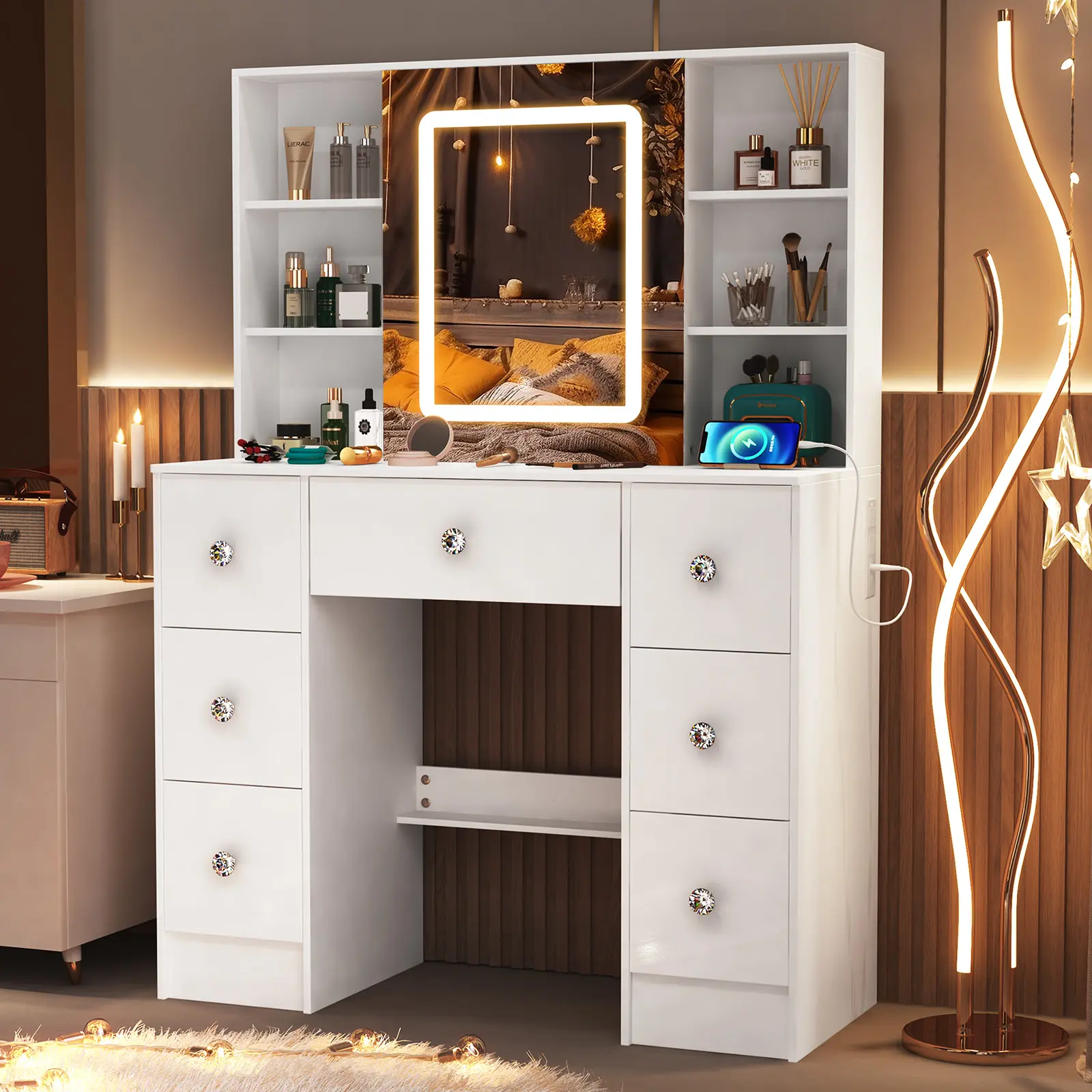 White Full-Size Backlight Mirror Makeup Vanity Desk Set - High-Quality Wood, Smart LED Sliding Mirror, 7 Drawers, 6 Side Shelves, Adjustable Multi-Function, 39.4x15.7x55.2in Christmas Vanity, Backlight Makeup Vanities, Mirror Makeup Vanities