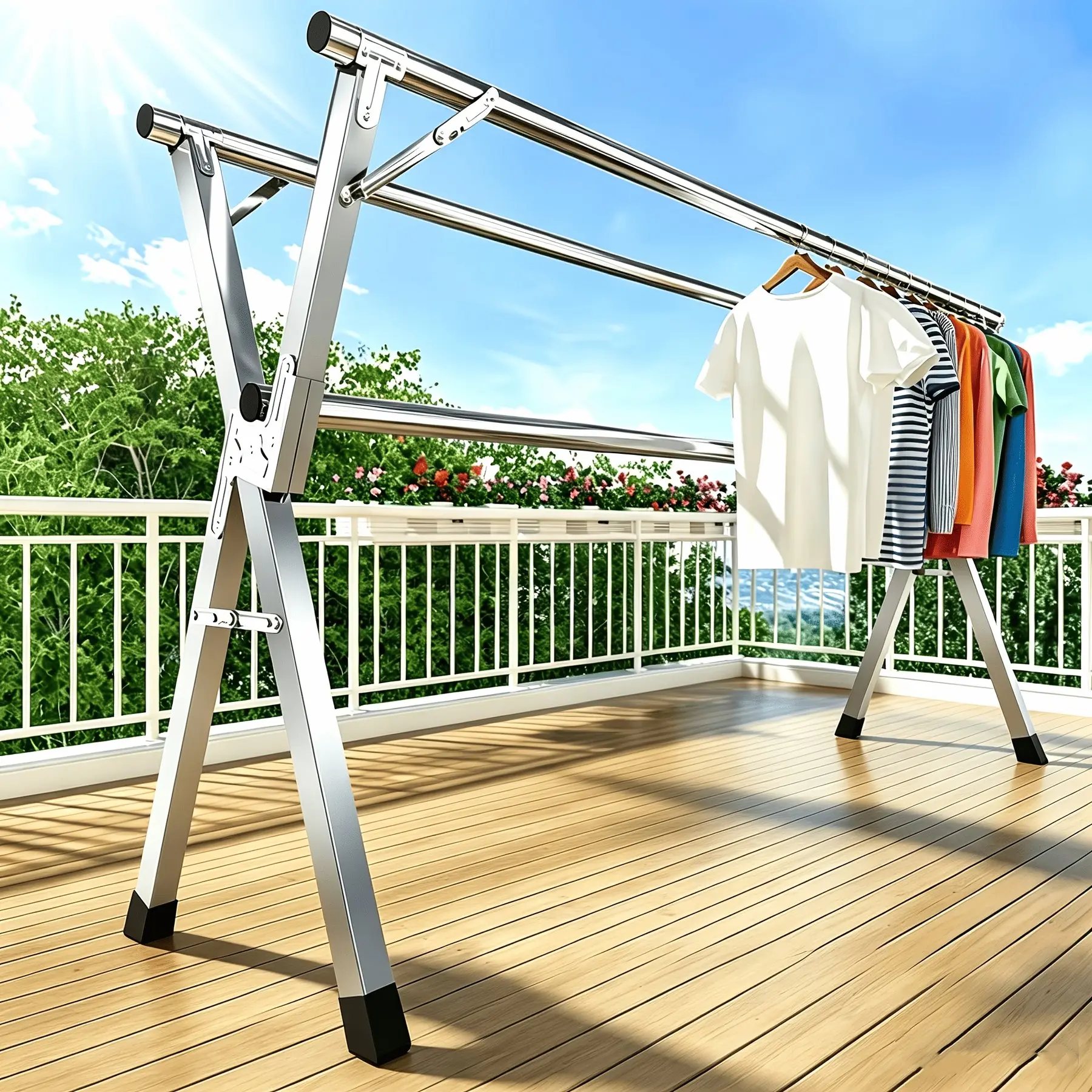 Foldable Clothes Drying Rack, Suitable For Indoor And Outdoor Use; Foldable Laundry Drying Rack With Adjustable Height; Durable Stainless Steel Clothesline For Hanging Clothes, Blankets, And Bedding, Drying Racks