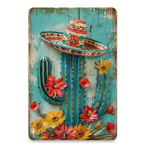 Office Accent| Charming Vintage Cactus with Sombrero Metal Tin Sign - Rustic Mexican-Inspired Wall Decor, Colorful Floral Art for Home, Office, Cafe, Garage - Easy to Hang, No Power Required, Indoor Decoration| Decorative Plaque