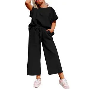Eytino Womens Plus Size Sweatsuits Casual Short Sleeve Tops High Waist Wide Leg Pants 2 Piece Tracksuit Lounge Sets(1X-5X)