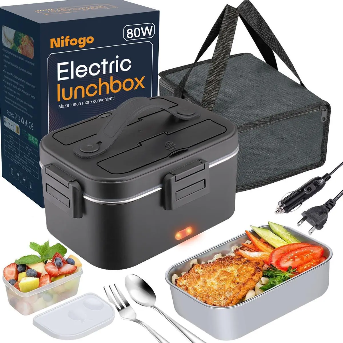 Electric Lunch Box 80W 1.5L-3.5L Stainless Steel Bento Warmer with Indicator Light & Portable Tableware Set for Home Office Travel Food Quick Storage Fork 80W/1.5L/Black