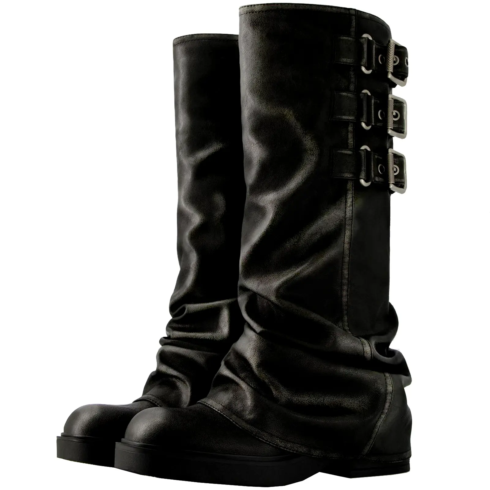 Women's high-heeled boots, round toe design, riding boots, thick-soled low-heeled platform boots, hook-and-loop fastening design, Gothic style