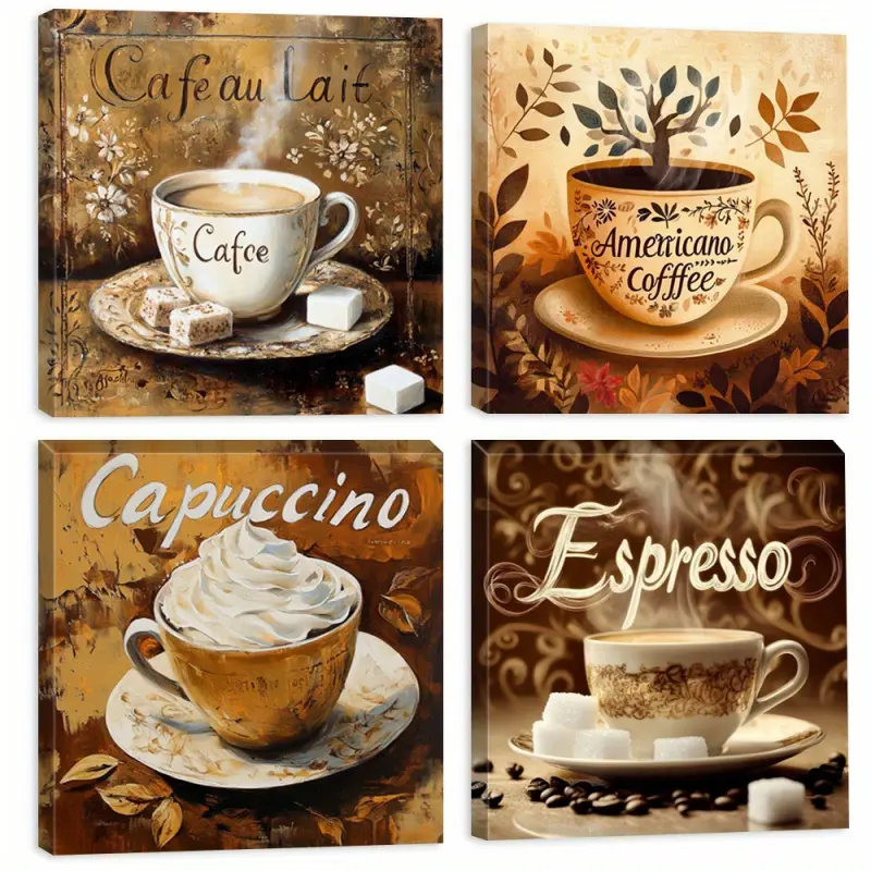 4-piece framed coffee posters, vintage coffee cup canvas printed wall paintings, latte and espresso posters, coffee shop aesthetic artworks, cappuccino illustrations, coffee wall decorations, art prints, home decorations, posters, ideal gifts, framed