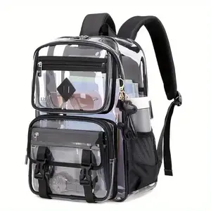 Clear Backpack with Multiple Pockets for School, Travel, and Work � C Stylish and Durable Organizer with Front Zipper Compartments, Mesh Side Pockets, and Trendy Keychain Charm Transparent Pink