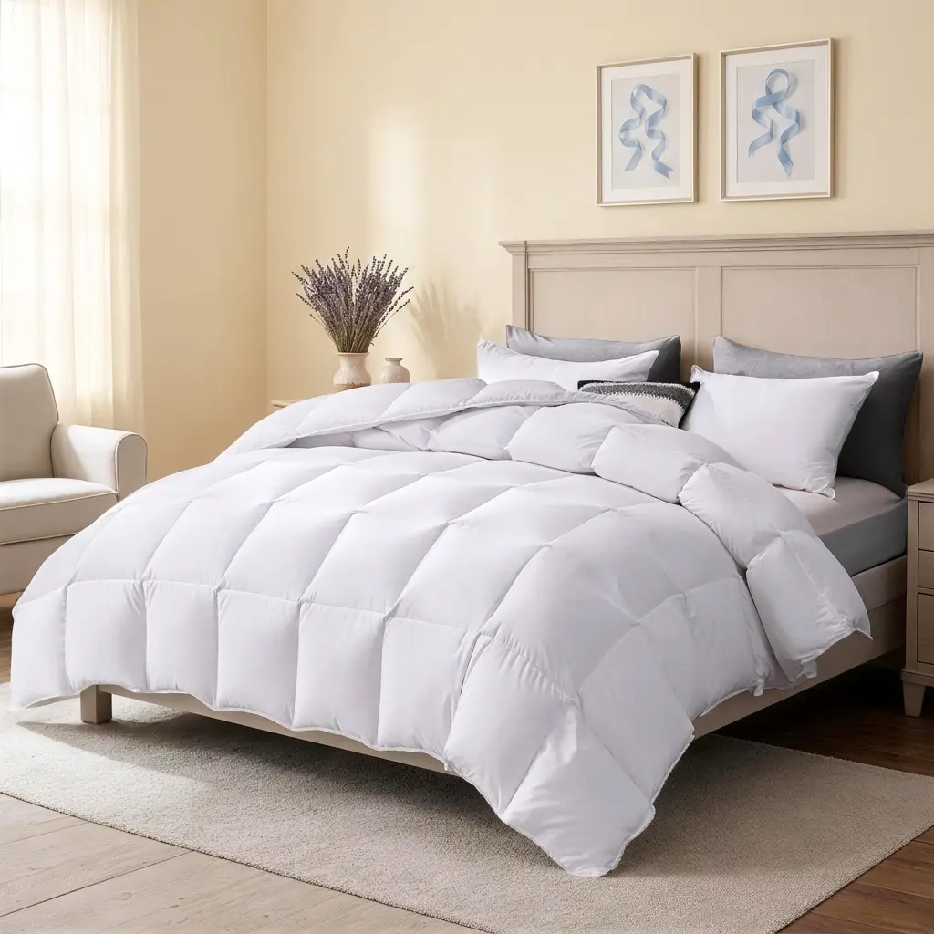 King Size 82X86in White Down & Fiber Blend Comforter - Lightweight, Quilted, Breathable, Machine Washable Allergy-Safe Duvet Insert with Down Feather & Polyester Fill for Spring, Fall, Allergy-Safe Duvets
