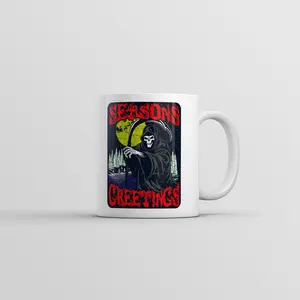 Seasons Greetings Mug Funny Grim Reaper Graphic Coffee Cup - 11oz Funny Coffee Mugs Ceramic Printed Drinkware Cup