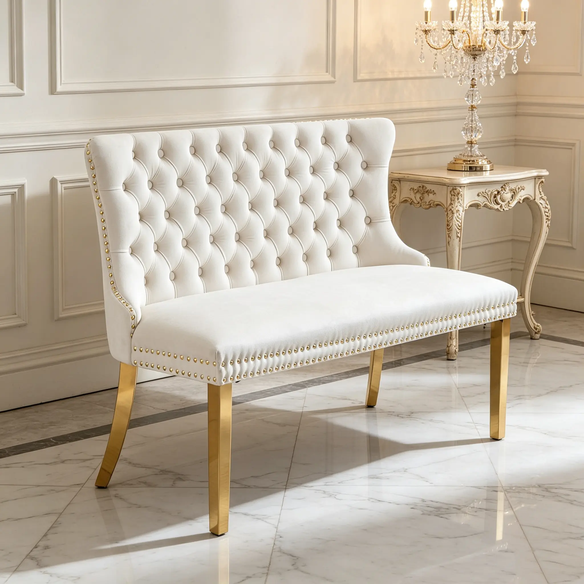 Beige Velvet Tufted Button Loveseat Bench - 2-Seat Mid-Century Modern Indoor Sofa Bench with Exceptional Support, Sturdy Stainless Steel Legs, Wingback Design for Small Spaces, Kitchens, Family Dinners, No Wobbling/Sinking, Affordable, No Wobbling Or Sink
