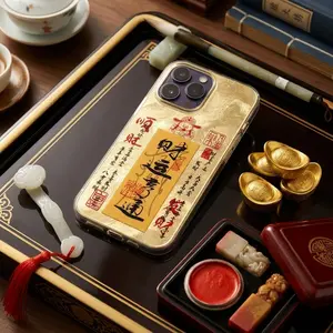 Luxury Gold Foil iPhone 17 Pro Max Case - Authentic Chinese Calligraphy "Cáifù Yíngmén" (Good Fortune & Prosperity) | Handmade Statement Piece
