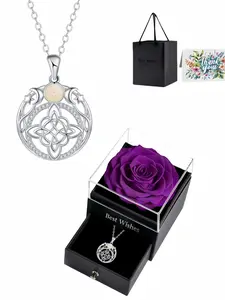 Moonlight Talisman Luxury Celtic moon and star witch knot opal sparkling gem necklace.Comes with a purple preserved rose gift box.Perfect for birthdays, Mother's Day and Valentine's Day.