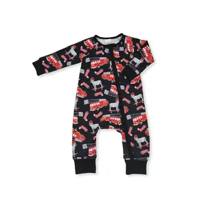 Black firetruck Print long sleeve baby romper boy  clothes