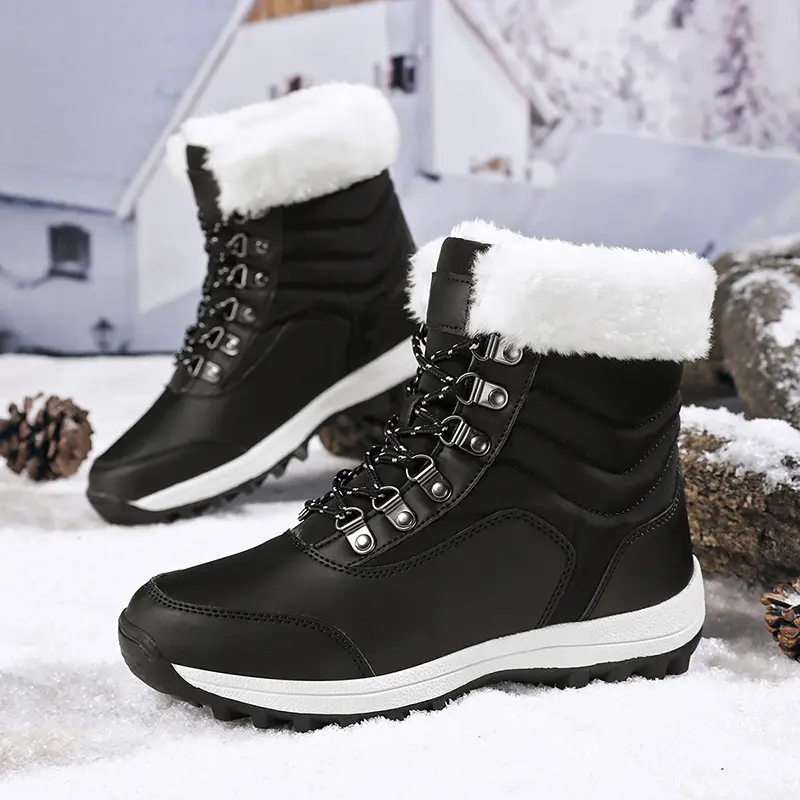 Women's Winter Waterproof Leather Snow Boots - Faux Fur Lined, Nylon-Cloth Accent, Athletic Lace-Up Ankle Booties with Chic Design, Padded Soft Insole, Anti-Slip Rubber Outsole for Snowy Days Walking Footwear, Casual, Laces, Retro, Round Toe, Slip Resista