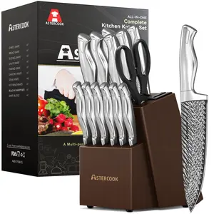 【Silver Iron Throne】Astercook Knife Set, 14-Piece Kitchen Knives Set Utensils Built-in Knife Sharpener, Dishwasher Safe Blade with Kitchen Steak Knives Steel Cutting Home