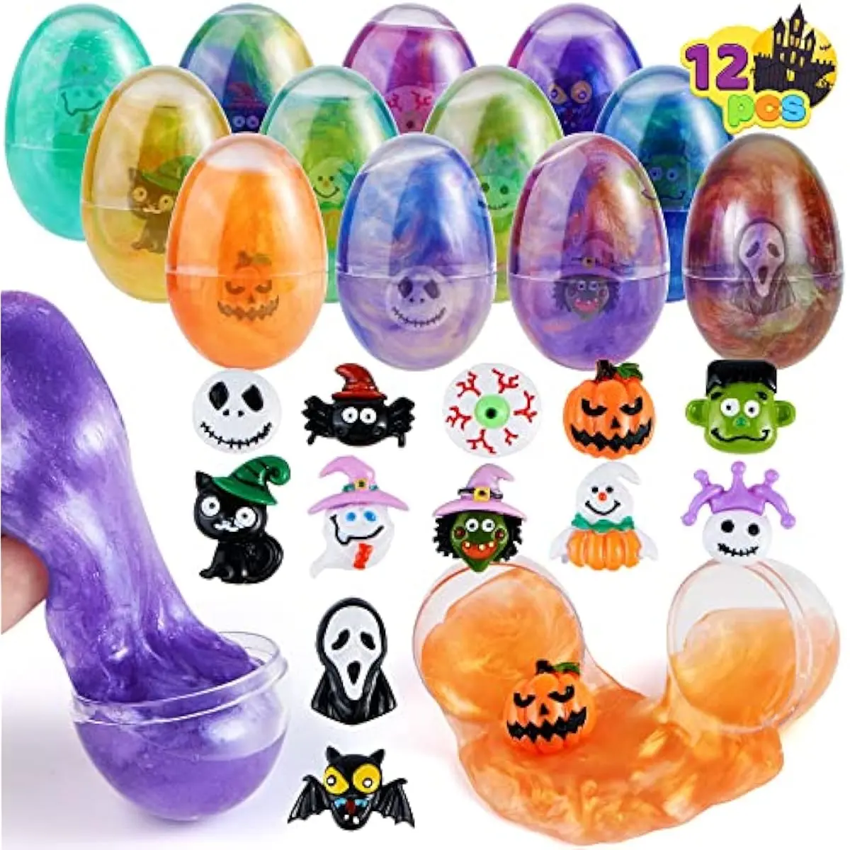 12PCS Halloween Slime Toys, Slime Eggs with Stress Relief and Squeeze Playing Squishy Toys for Kids Trick or Treating, Halloween Party Favors Supplies, While You are Working from Home