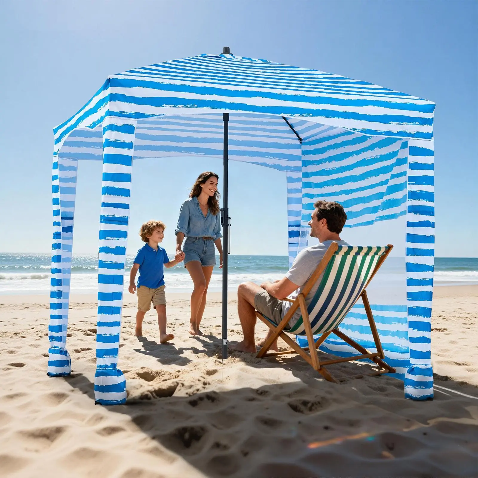6x6 ft Blue Stripe Beach Cabana Sunshade, Lightweight 2-Person Tent with UPF 50+ Sun Protection, Detachable Side Wall & Carry Bag, Sunshade Canopy Tent, Portable, Blue Stripes, Outdoor Camping, Two-Person Capa