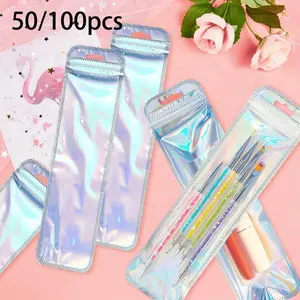 7.28in 50/100pcs Self Sealing Bag, Acne Needle, Plastic Bag, Eyelash Pencil Packaging Bag, Beauty Needle, Self Sealing Bag, Small Strip Shaped Plastic Bag, Zipper Pouches, Zippered Storage