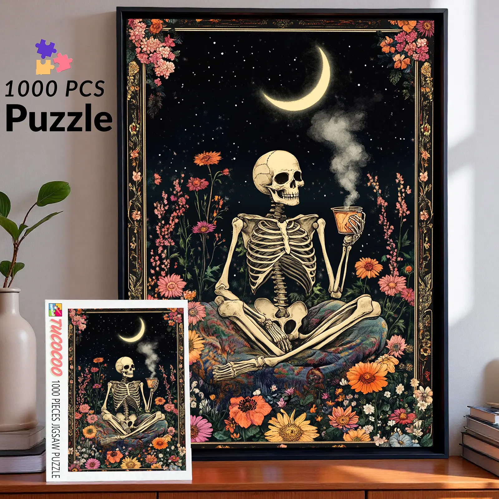 Tucocoo 1000-Piece Moonlight Skeleton Tea Jigsaw Puzzle, Gothic Floral Art for Adults, Relaxing Brain Challenge Craft, Dark Aesthetic Home Decor Gift, 27.5x20in (70x50cm) Pieces Jigsaw Puzzle, Crafts, Pieces Jigsaw Puzzles