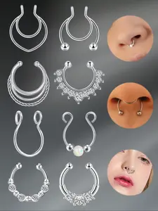 8 Pcs Fake Septum Rings Stainless Steel Non-Piercing Cz Gemstone Jewelry Adjustable Horseshoe Clip for Women Daily Wear Hinged Nose Hoops