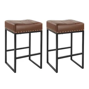 KKTONER Bar Stools Set of 2 Counter Height 24-Inch Saddle Seat PU Leather Kitchen Stools with Footrest for Dining Room & Kitchen Island Brown - Chair