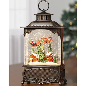 Snow Globe Lantern Christmas Snow Globes, Lighted Musical Indoor Christmas Decorations with Music Timer Swirling Glitter, Santa Reindeer Navidad Decor, USB or Battery Operated