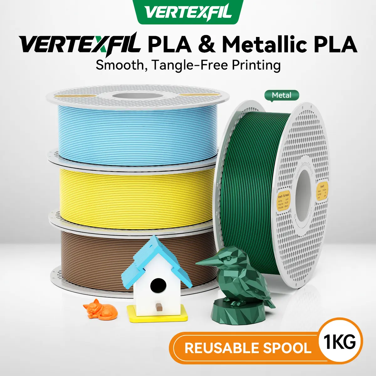 1KG VERTEXFIL PLA 3D Filament, 1.75mm 2.2lb, Reusable Spool, Tangle-Free, High Precision ±0.02mm, Smooth Printing, Eco-Friendly PLA, Including Metallic PLA Colors, Compatible with Bambu Lab, Creality, Anycubic&Most FDM Printers