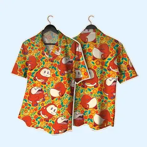 Fuecoco Hawaiian Shirt, Tropical Fruit Print Aloha Shirt, Video Game Summer Beachwear, Vacation Button-Up
