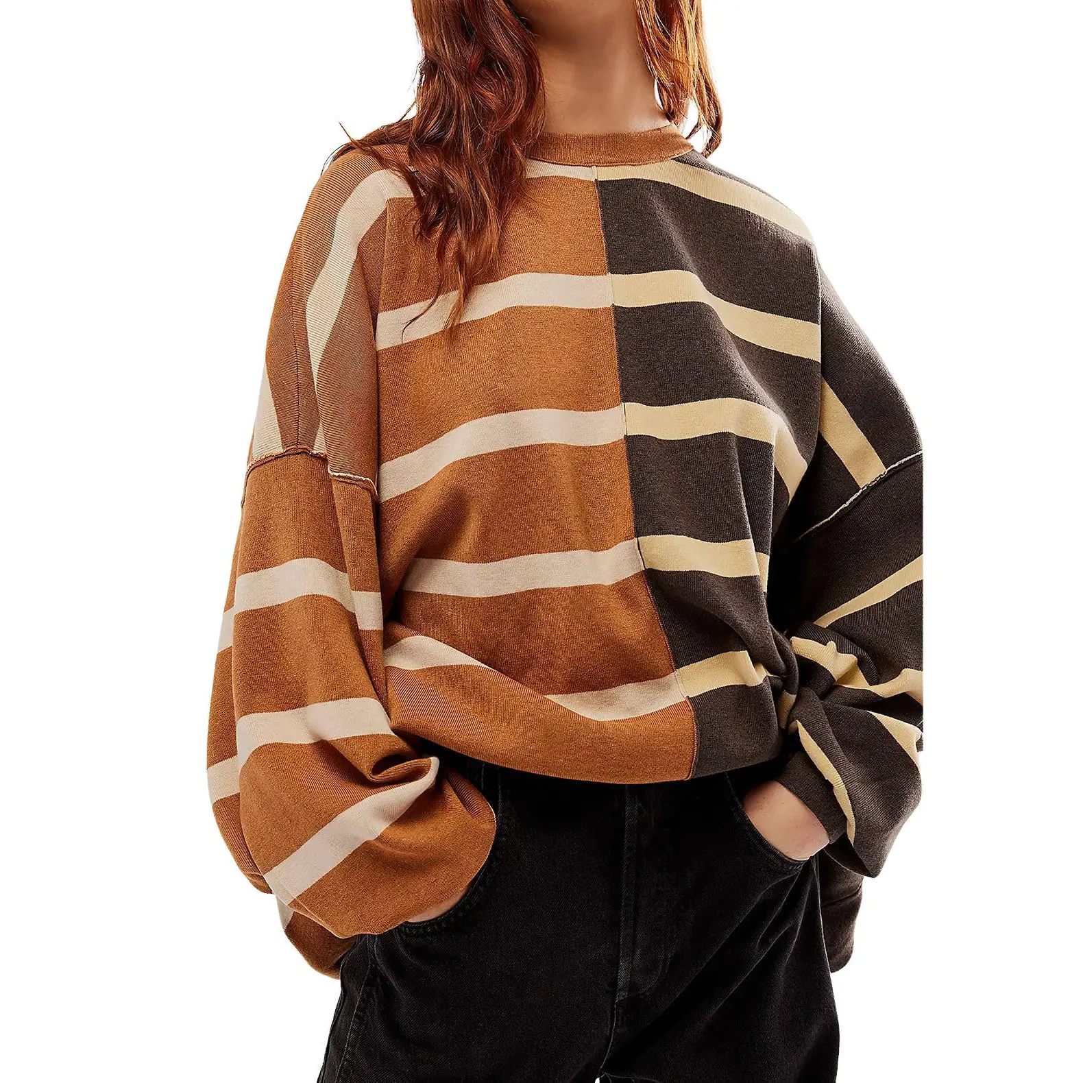 Chouyatou Women's Batwing Long-Sleeve Oversized Knit Sweater - Skinny Color-Block Striped, Retro Round Neck, Casual Loose Fabric Pullover with Stylish Design, Style, Knitwear, Bottom