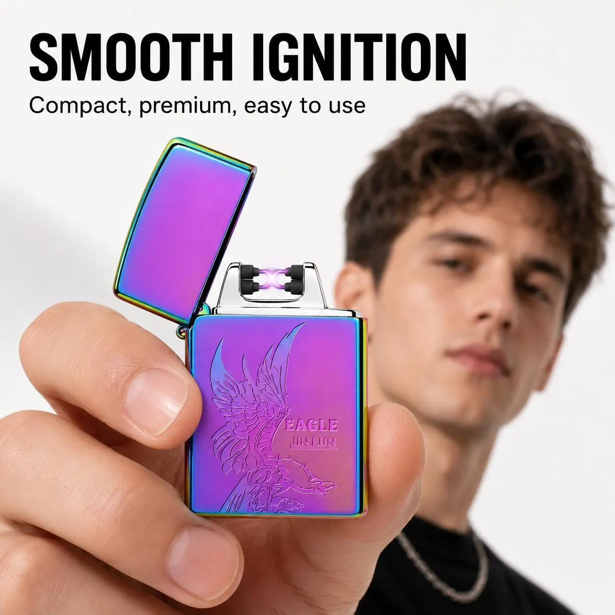 Rechargeable dual-arc electronic lighter, USB-C flameless pocket lighter with a rainbow metal casing and embossed eagle design, suitable for outdoor use, camping, and aromatherapy lighting.