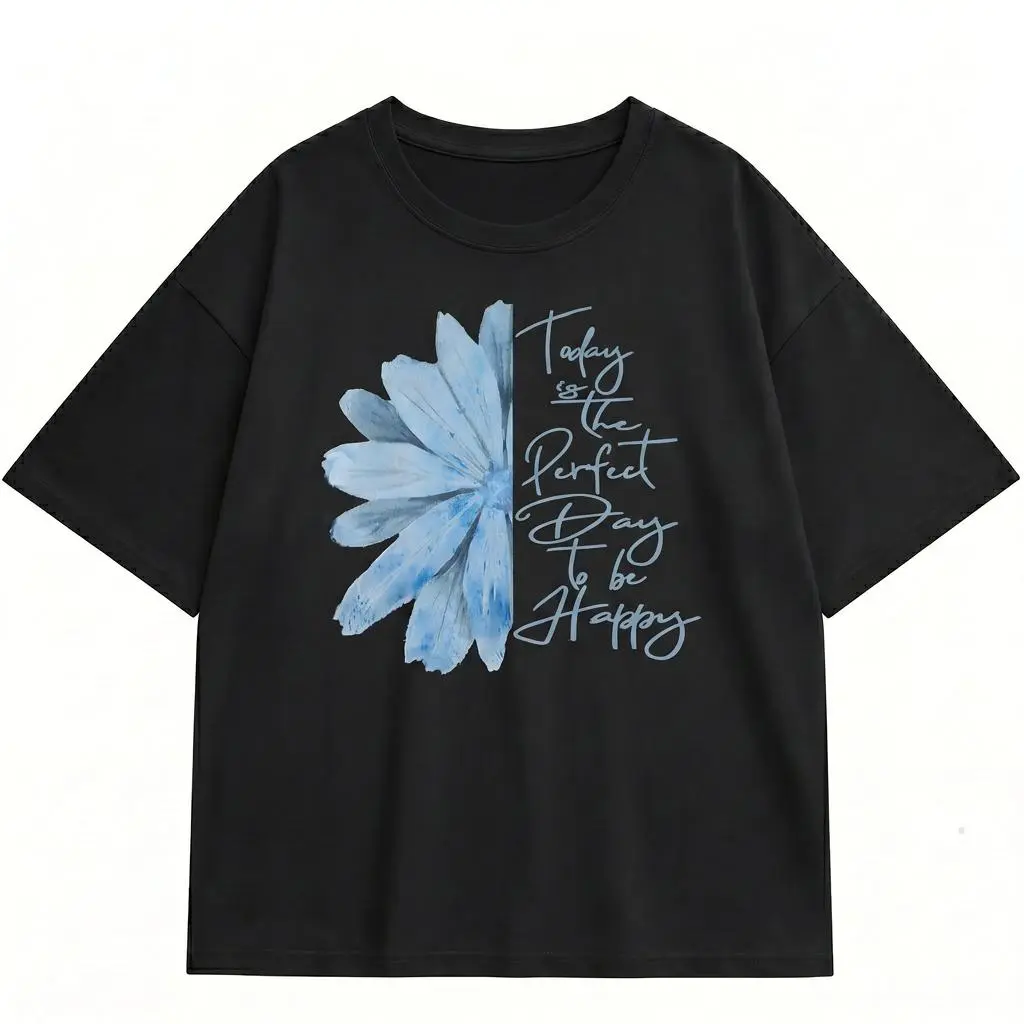 Inspirational Blue Floral Women Graphic Tee Perfect Day To Be Happy Plus Size Shirt