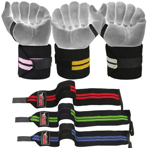 Mrx Elastic Weight Lifting Wrist Wraps - Unisex 1-Size 18" Long 3" Wide Extra Thick Fitness Accessory, Adjustable Strap, Elastic Wristbands for Muscle Support, Gym Training, 2 Pair for Fast Results