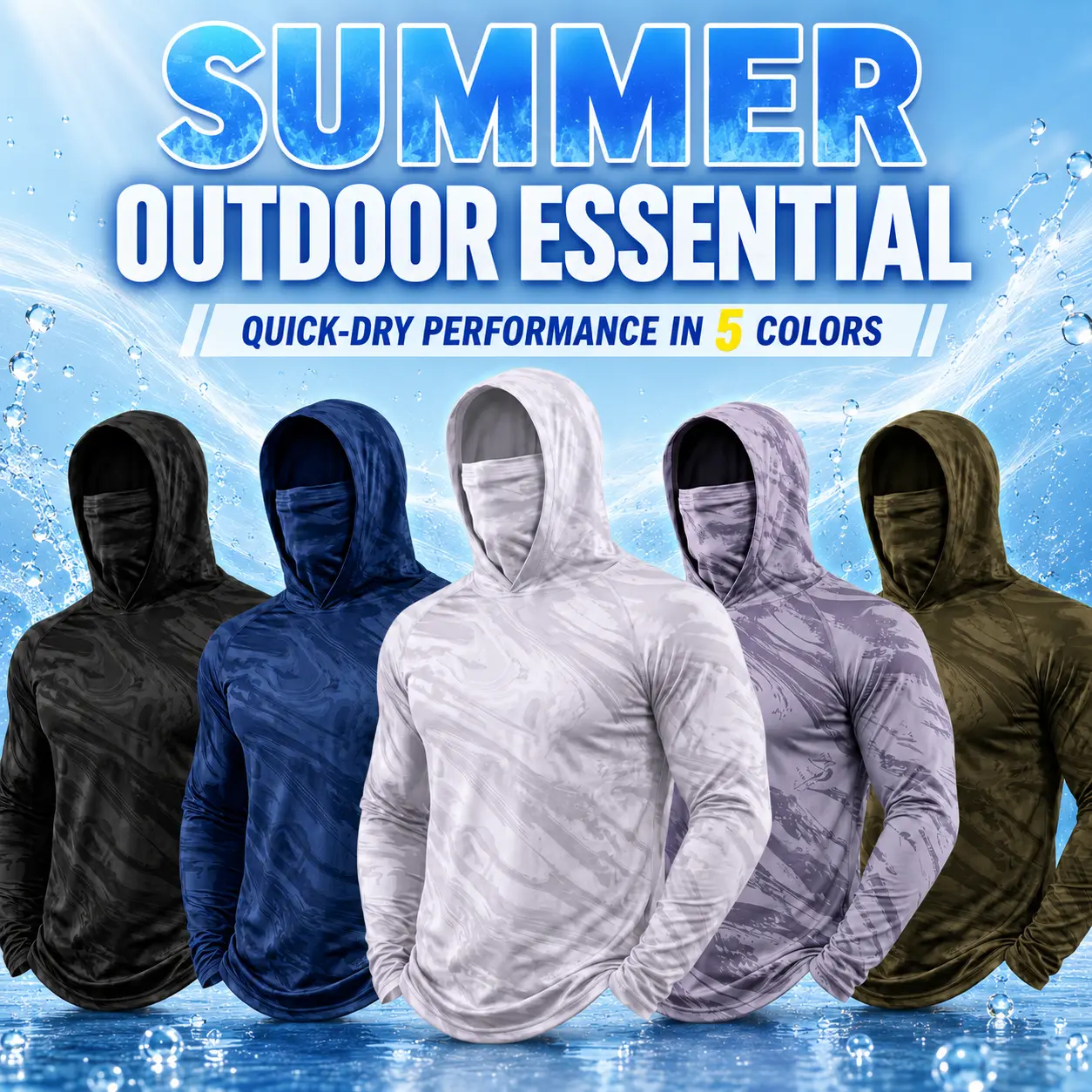 Men's UPF 50+ Hooded Sun Protection Shirt with Face-Covering Design, Long-Sleeve Outdoor Top for Fishing, Hiking and Travel, 6-Pack