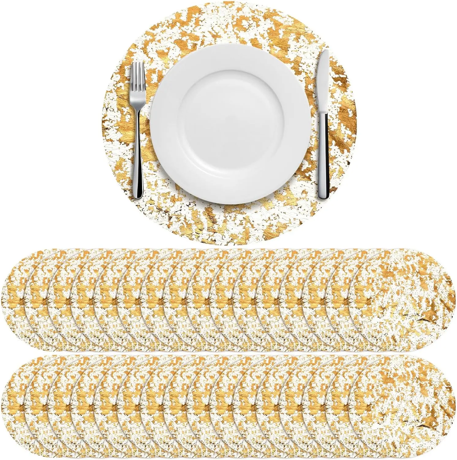 100Pcs Gold 13-in Polyester Round Foil Mesh Pressed Table Doilies, Disposable Placemats for Kitchen Anniversary Car Interior Decoration, 1-Time Usage Metallic Thin Mesh Table Runner (50Pcs Option Available)