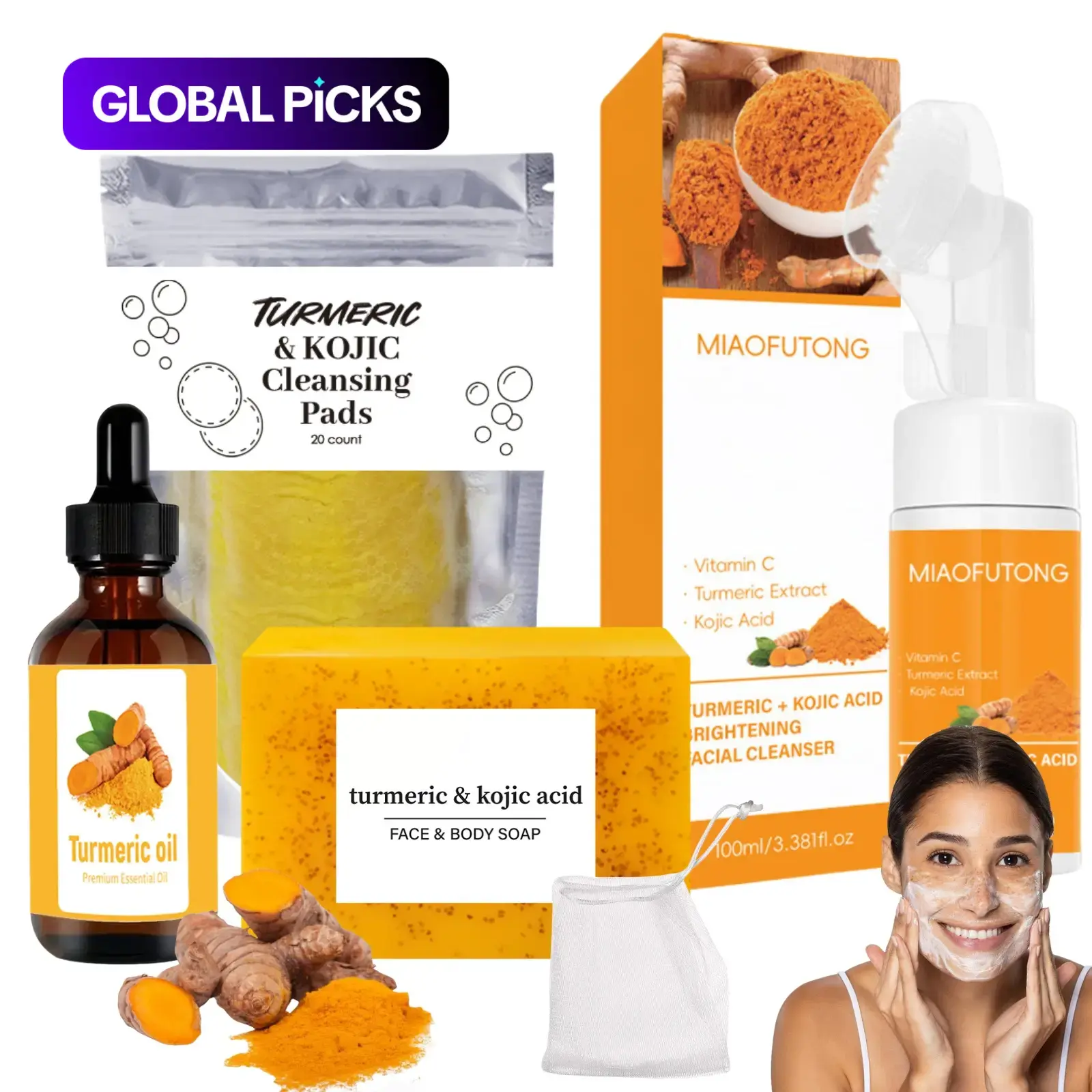 Turmeric Skin Care Kit, 4 Counts with Nourishing Cleansing Pads, Facial Cleanser, Turmeric Oil and Soap, Skin Care Products for Women, Face Care Products, Kojic Acid Soap, Facial Wash, Face Cleaner, Firming Kit, Face Essentials Set #GLOBAL PICKS