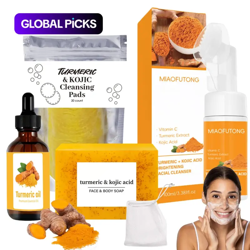 Turmeric Skin Care Set, Anti Aging Set, 4 Counts with Nourishing Cleansing Pads, Facial Cleanser, Turmeric Oil, Soap, Balm, Kojic Acid Soap, Firming #GLOBAL PICKS
