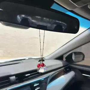 Cherry Design Car Rearview Mirror Hanging Ornament, Artificial Crystal Car Hanging Decoration, Cute Car Interior Hanging Decoration, Girly Car Accessories