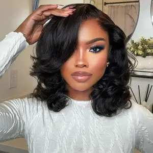 Bob Wig Human Hair 4x4 Lace Front Wigs Loose Body Wave 180 Density HD Lace Frontal Wigs Glueless Wigs Human Hair Pre Plucked Wear and Go Short Bob Wigs for Black Women Natural Black Color