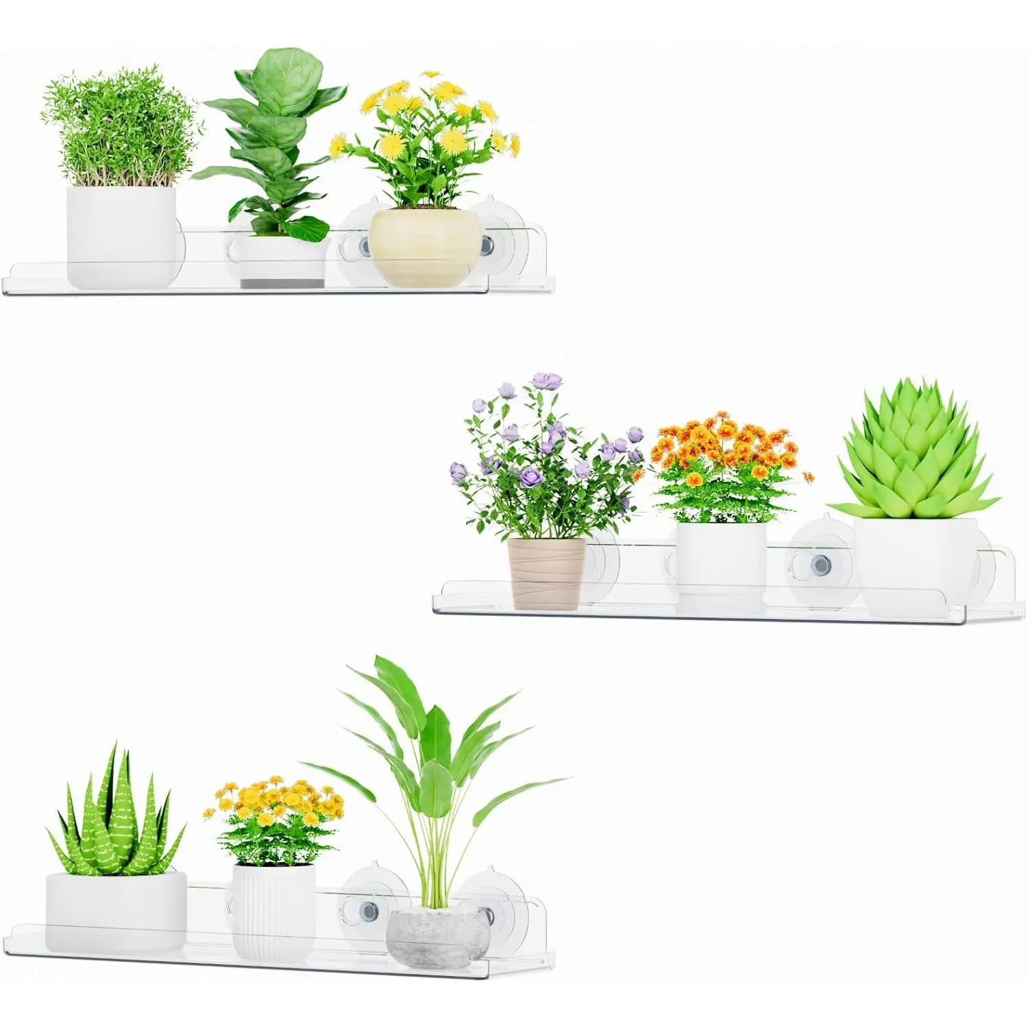 3-Pack 15x4 in Transparent Synthetic Suction Cup Window Floating Shelves, Easy-Install Load-Bearing Plastic Sill Extender Set for Indoor Succulents, Bathroom Use