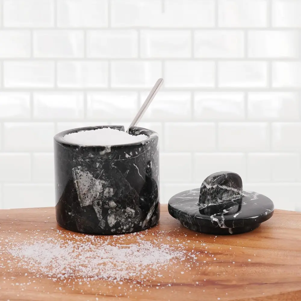 Elborse Marble Salt Cellar 4 inch Table Salt and Pepper Containers for Countertop, Sugar Bowl with lid and Spoon, Salt Dish, Spice Jars and Small Seasoning Container, Salt Holder