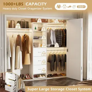 Cyclysio Wooden Closet System with 3 Shelving Towers, Sturdy Walk In Closet Organizer Clothes Rack with 3 Drawers, Built-In Garment Rack, White