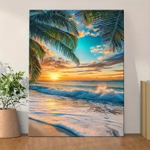 Beach Scenery and Palm Tree Pattern   Canvas Painting, Modern Art Wall Decoration, Home Living Room Bedroom Office Wall Decoration, Poster Wall Art, Wall Decoration Painting