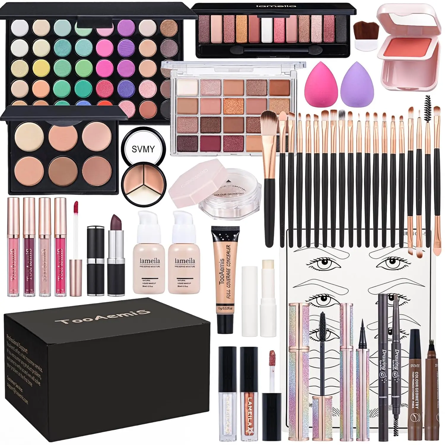 Makeup Set for Women Full Kit Includes, eyeshadow, liquidfoundation,Loose powder,Eyebrow pencil,Lipstick Eye Pencil Makeup BrushesMakeup practice board 4-color lip gloss set