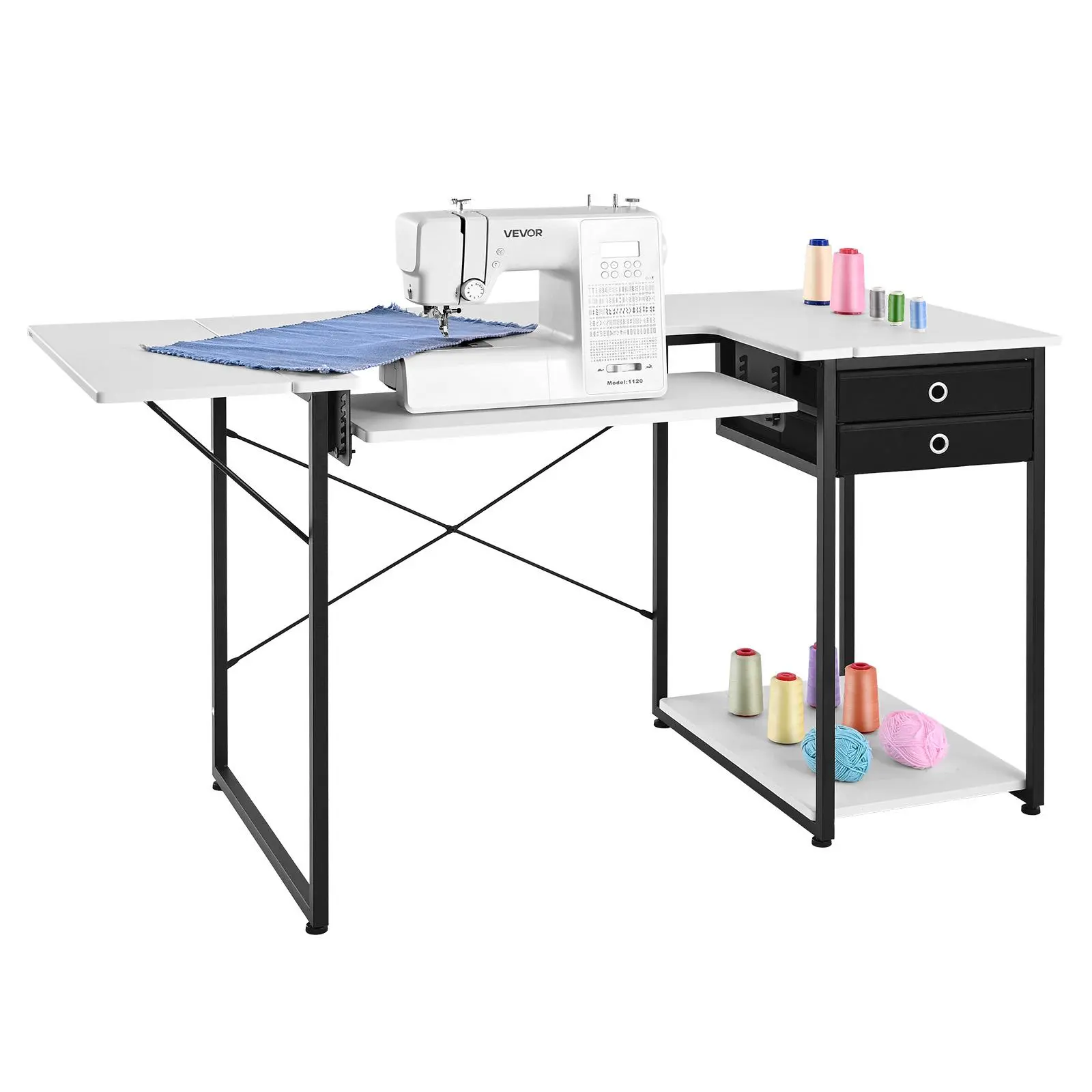 VEVOR Multipurpose Sewing Machine Table - Foldable Space-Saving Side Shelf, Adjustable Shelf, Steel Legs, Storage Drawers, Adjustable Height Desk for Home Sewing Enthusiasts