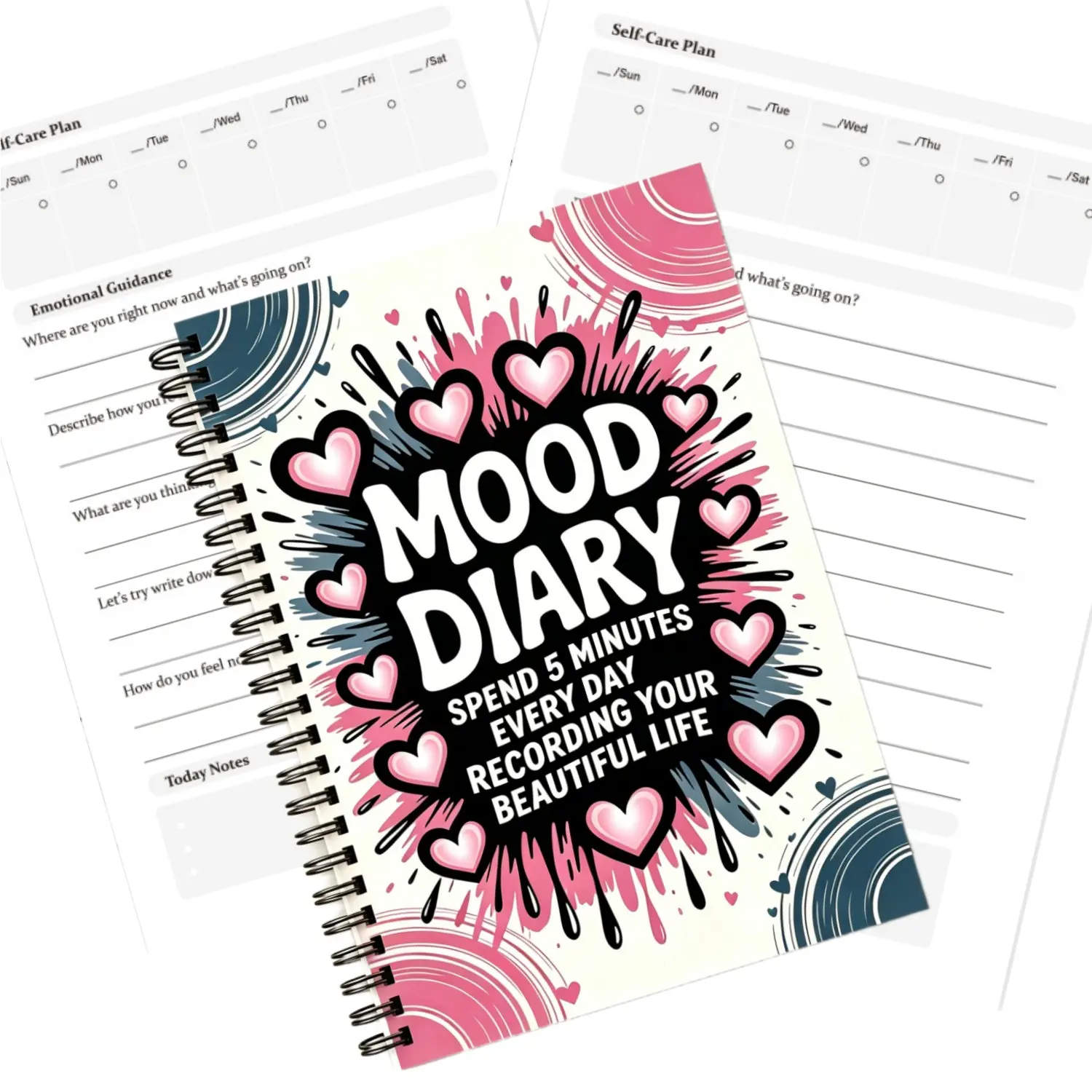 1 Self-Care Mood Diary | A5 Spiral Notebook Mood Journal Daily Guided Journal - An ideal gift for your loved one, a gender-neutral mood tracker diary with a pink heart design, Self Improvement Journal, Journaling Notebooks, Journals For Writing