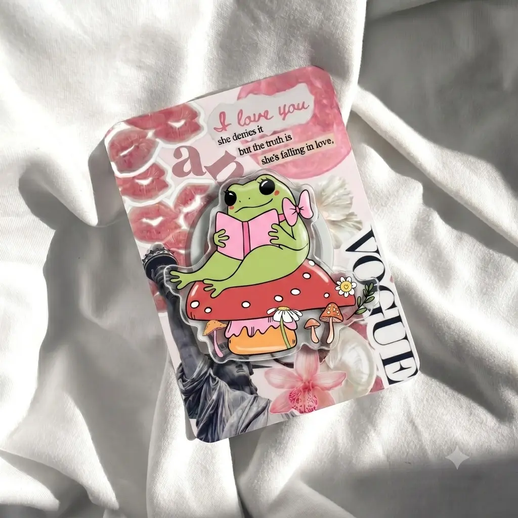 Cute Cottagecore Frog Reading Book Phone Grip, Kawaii Mushroom Acrylic Phone Holder, Coquette Pink Bow Froggy Griptok, Booktok Aesthetic Reader Cellphone Stand Accessory