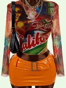 MULTICOLOR 2PC MESH LONG SLEEVE SHIRT & MINI SKIRT SET