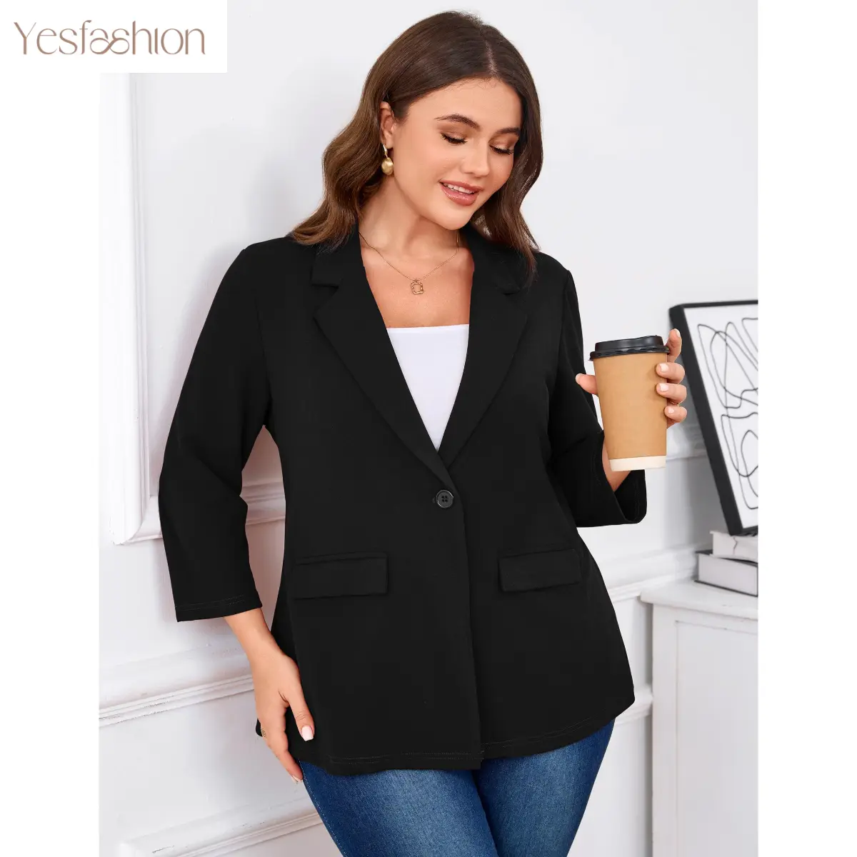 YESFASHION Women's Plus Size Relaxed Fit Blazer - 3/4 Sleeve, Notch Lapel, Single Button, Polyester-Elastane, 5XL, Casual Evening Chic Office Work Wear, Open Front Layering Outerwear for Spring Fall (Khaki, Wine, Dark Green Solid) XYZ
