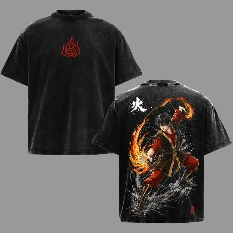 Men's Heavy Cotton T-shirt with Avatar Prince Zuko Graphic - Vintage Washed, Oversized Short-Sleeve Casual Streetwear, Shortsleeve, Tshirt, Menswear, Classic, Round Neck, Anime Merchandise