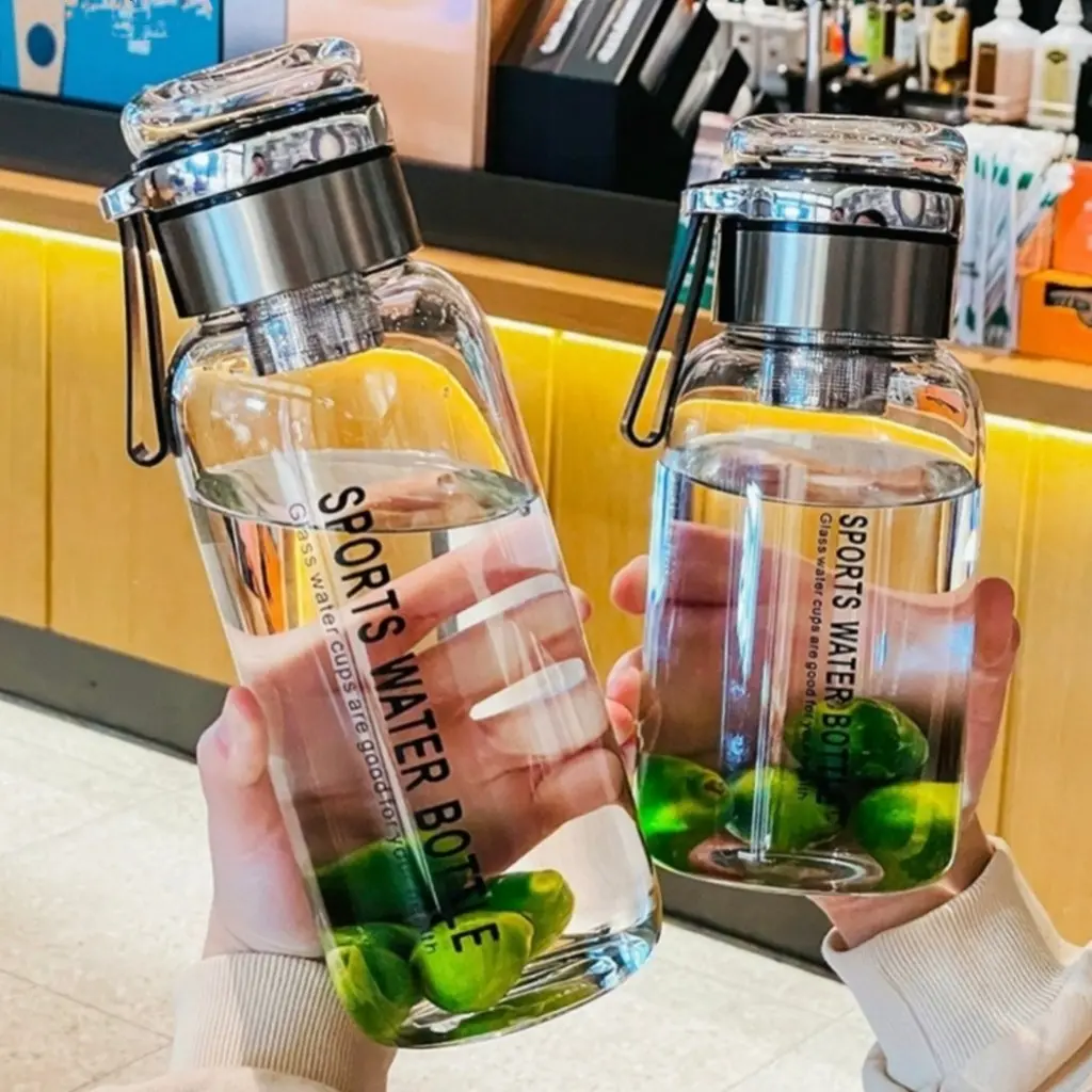Summer Large Capacity Borosilicate Glass Water Bottle, Sports Bottle, Leakproof Water Bottles, Portable Leakproof Cup with Lid, Food Grade BPA Free Heat Resistant Reusable Bottle, Dishwasher Safe for Gym Camping Travel Office Home Drinkware